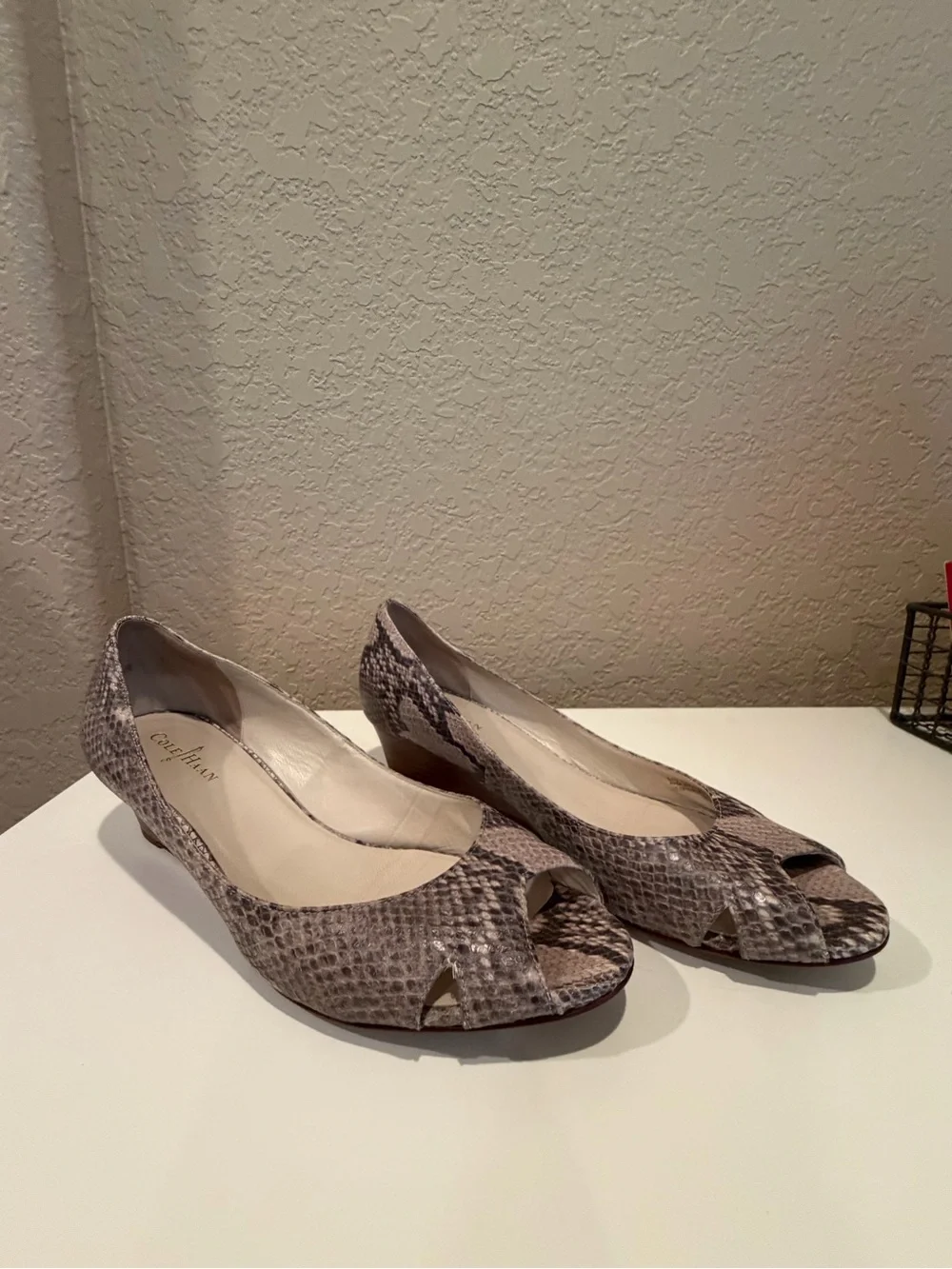 Cole Haan Snake-Print Peep Toe Wedges in Gray and Cream Tones